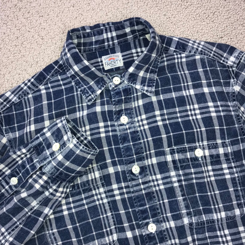 Faherty Brand Indigo Dyed Plaid Flannel‎ Shirt Mens Small Blue White Linen Blend